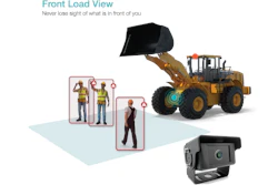 Front load view safety diagram showing wheel loader with bucket raised, workers in safety vests, and rear-view camera for equipment operation awareness