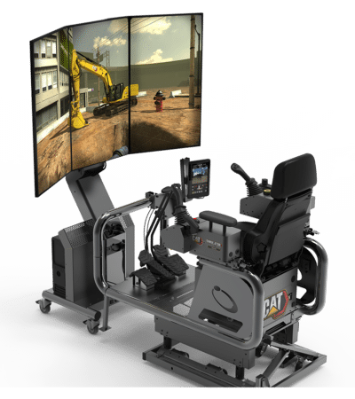 CAT heavy equipment simulator with multi-screen display showing excavator operation training environment
