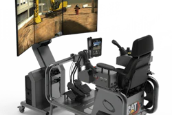 CAT heavy equipment simulator with multi-screen display showing excavator operation training environment
