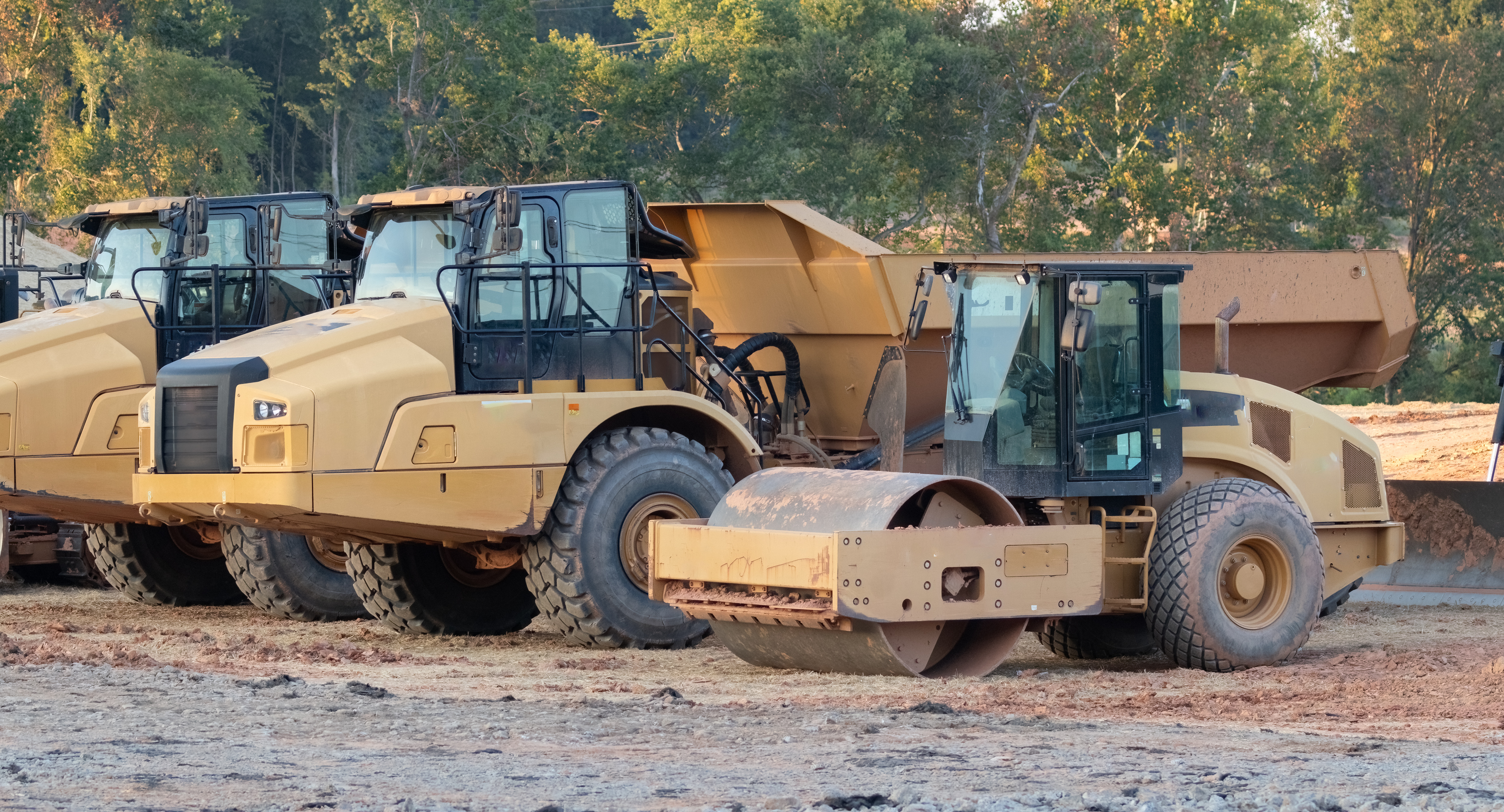 Heavy construction equipment including tan asphalt rollers and compactors lined up at a work site with autumn foliage in background