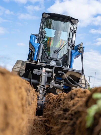 Blue compact track loader excavating soil at a construction site with operator visible in cab