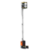 Orange and black vertical mast lift with extended boom platform for aerial work access