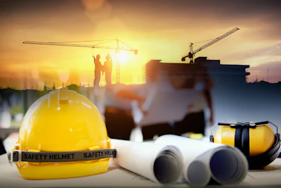 Yellow safety helmet with construction blueprints, ear protection, and workers on building site at sunset