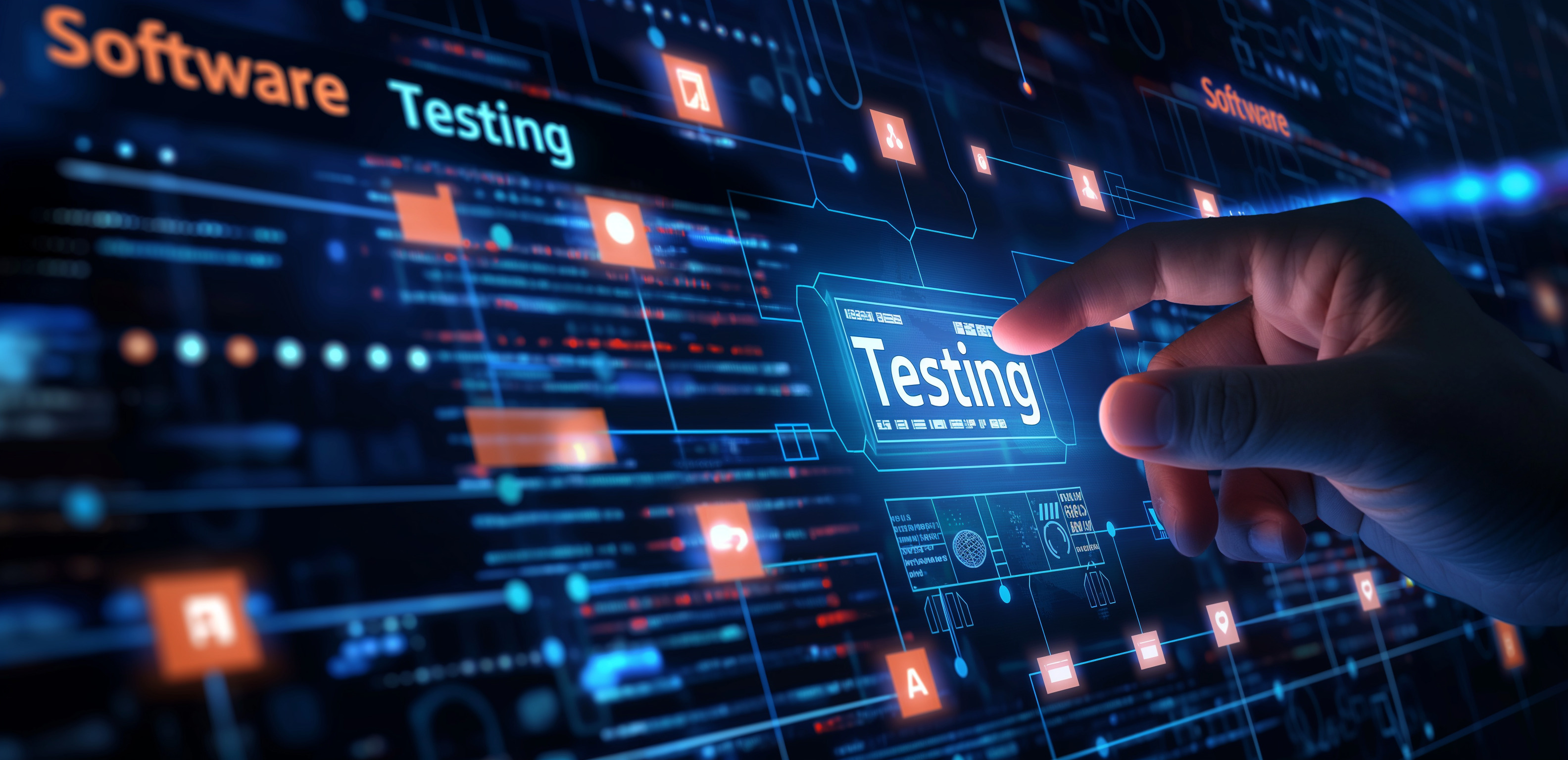 Digital visualization of software testing technology with glowing network nodes and circuit patterns in blue and orange