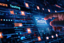 Digital visualization of software testing technology with glowing network nodes and circuit patterns in blue and orange