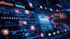 Digital visualization of software testing technology with glowing network nodes and circuit patterns in blue and orange