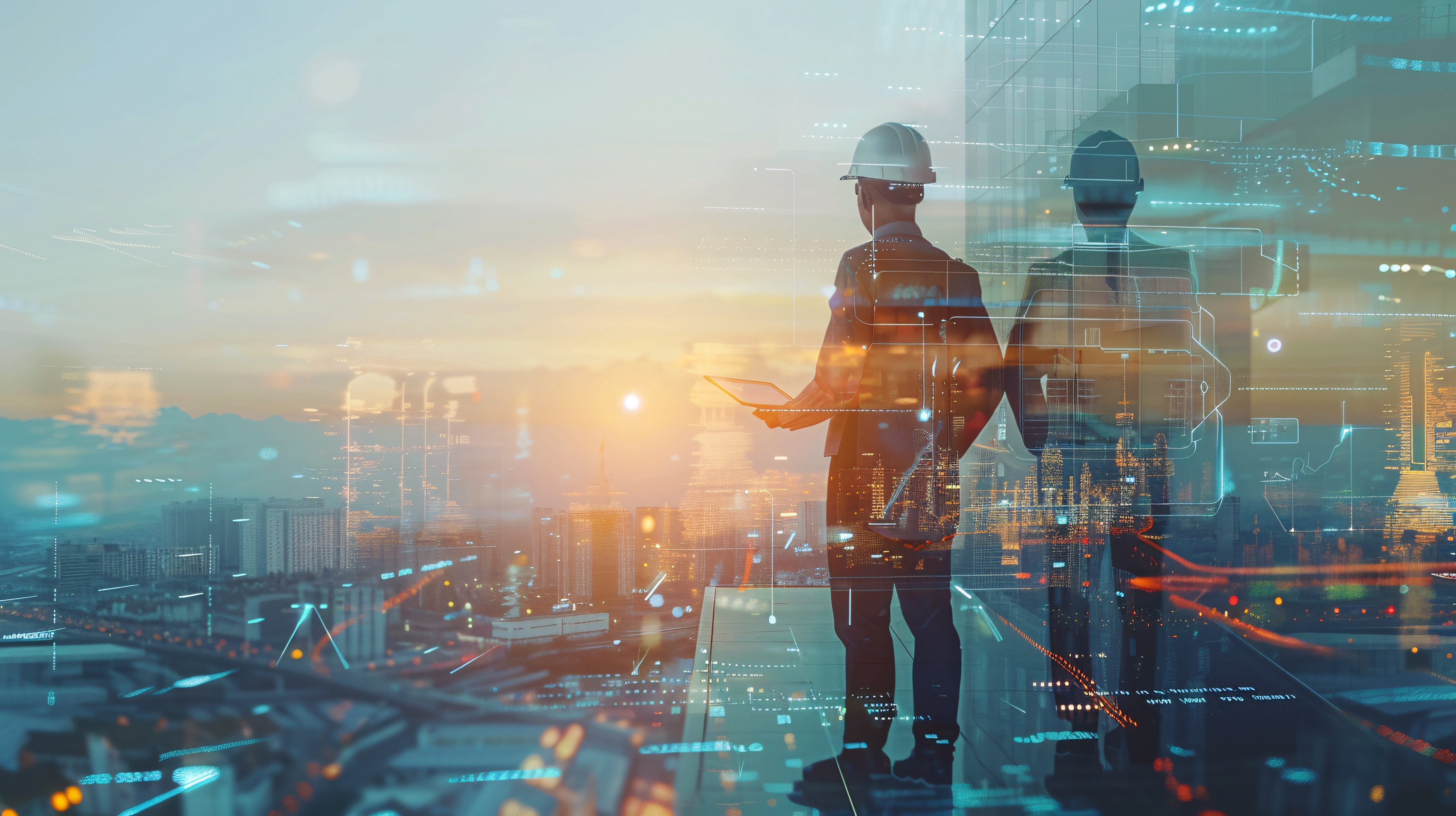 Construction workers in hard hats planning on rooftop with digital cityscape overlay at sunset