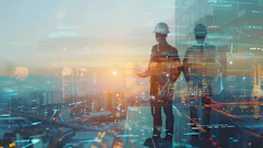 Construction workers in hard hats planning on rooftop with digital cityscape overlay at sunset