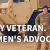 Army veteran and women's advocate in camouflage uniform standing before military vehicle
