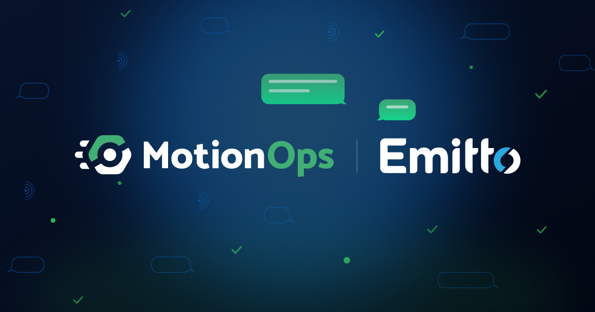 MotionOps and Emitto brand partnership displayed on dark blue background with messaging icons