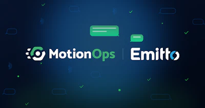 MotionOps and Emitto brand partnership displayed on dark blue background with messaging icons