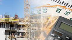 Construction site with tower crane, building framework, Euro banknotes, calculator, and financial charts representing project budgeting