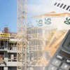 Construction site with tower crane, building framework, Euro banknotes, calculator, and financial charts representing project budgeting