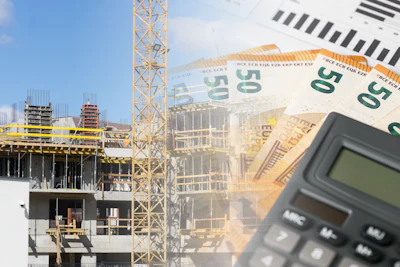 Construction site with tower crane, building framework, Euro banknotes, calculator, and financial charts representing project budgeting