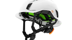 White Studson protective climbing helmet with neon green interior padding and black straps