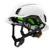 White Studson protective climbing helmet with neon green interior padding and black straps