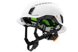 White Studson protective climbing helmet with neon green interior padding and black straps