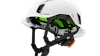 White Studson protective climbing helmet with neon green interior padding and black straps