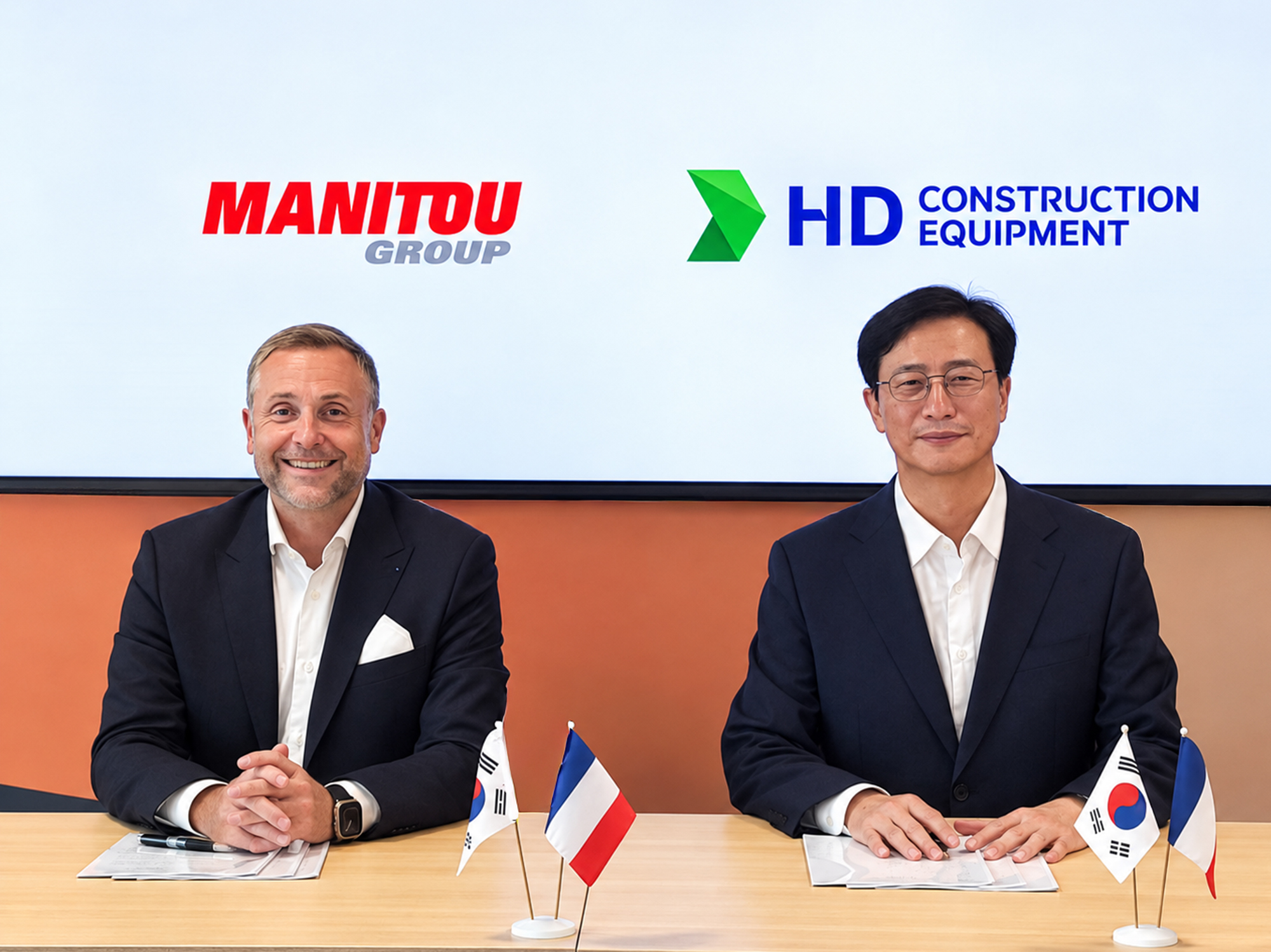Two business executives at a formal meeting with Manitou Group and HD Construction Equipment logos, French and South Korean flags on table