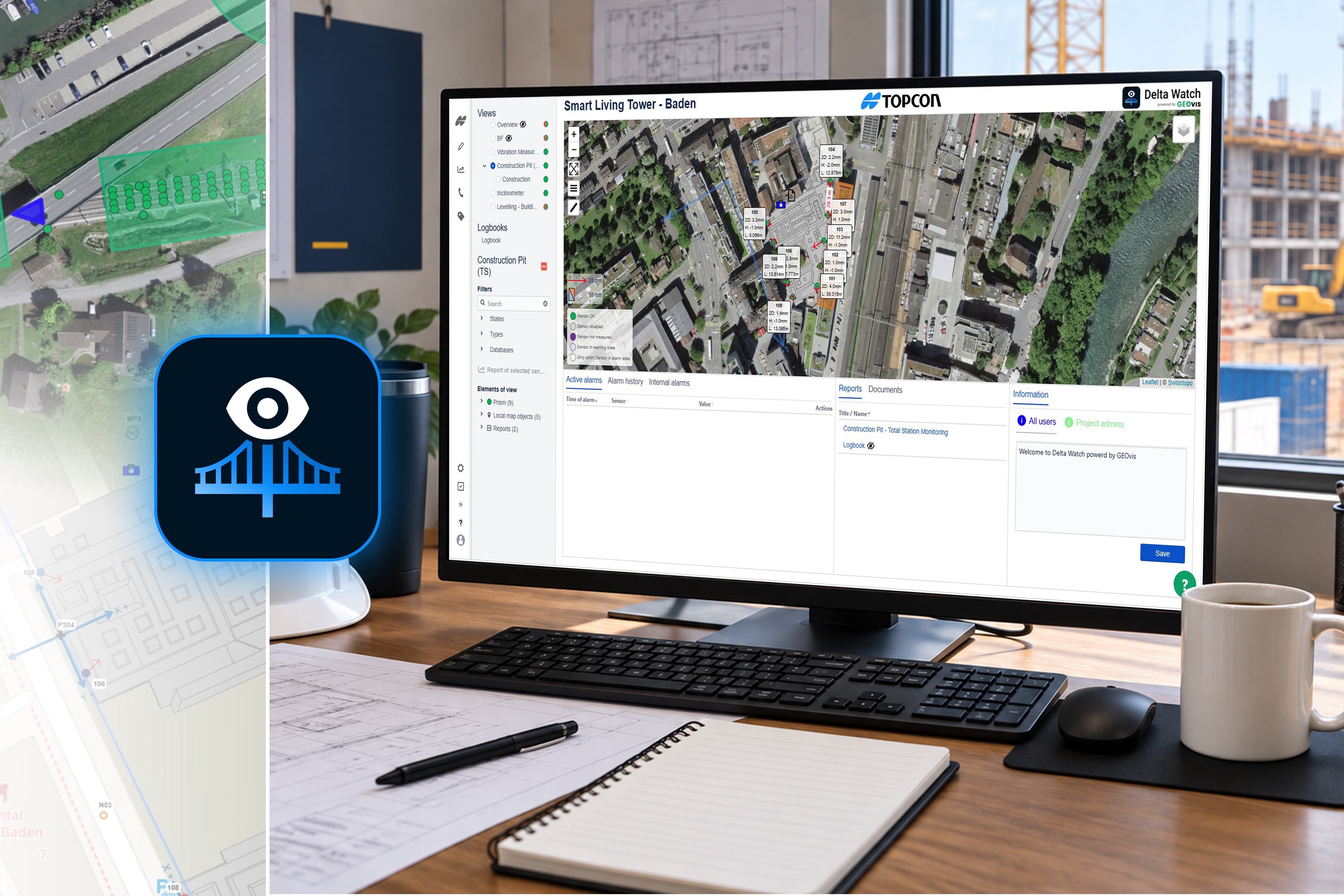 Topcon analytics software logo featuring eye icon with bar graph on dark blue background