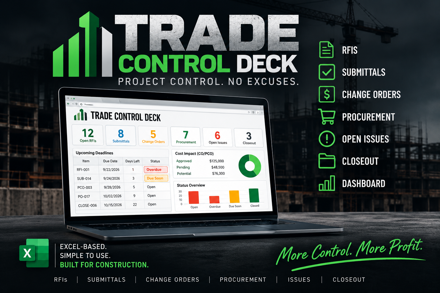 Trade Control Deck software dashboard displayed on laptop showing project management features with green bar chart logo and industrial port background