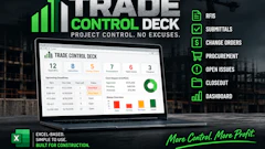 Trade Control Deck software dashboard displayed on laptop showing project management features with green bar chart logo and industrial port background