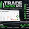 Trade Control Deck software dashboard displayed on laptop showing project management features with green bar chart logo and industrial port background