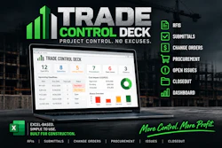Trade Control Deck software dashboard displayed on laptop showing project management features with green bar chart logo and industrial port background