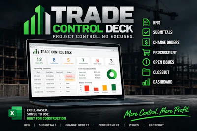Trade Control Deck software dashboard displayed on laptop showing project management features with green bar chart logo and industrial port background