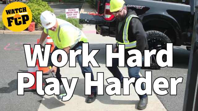 Construction workers in safety gear working on pavement with FCP watch logo overlay