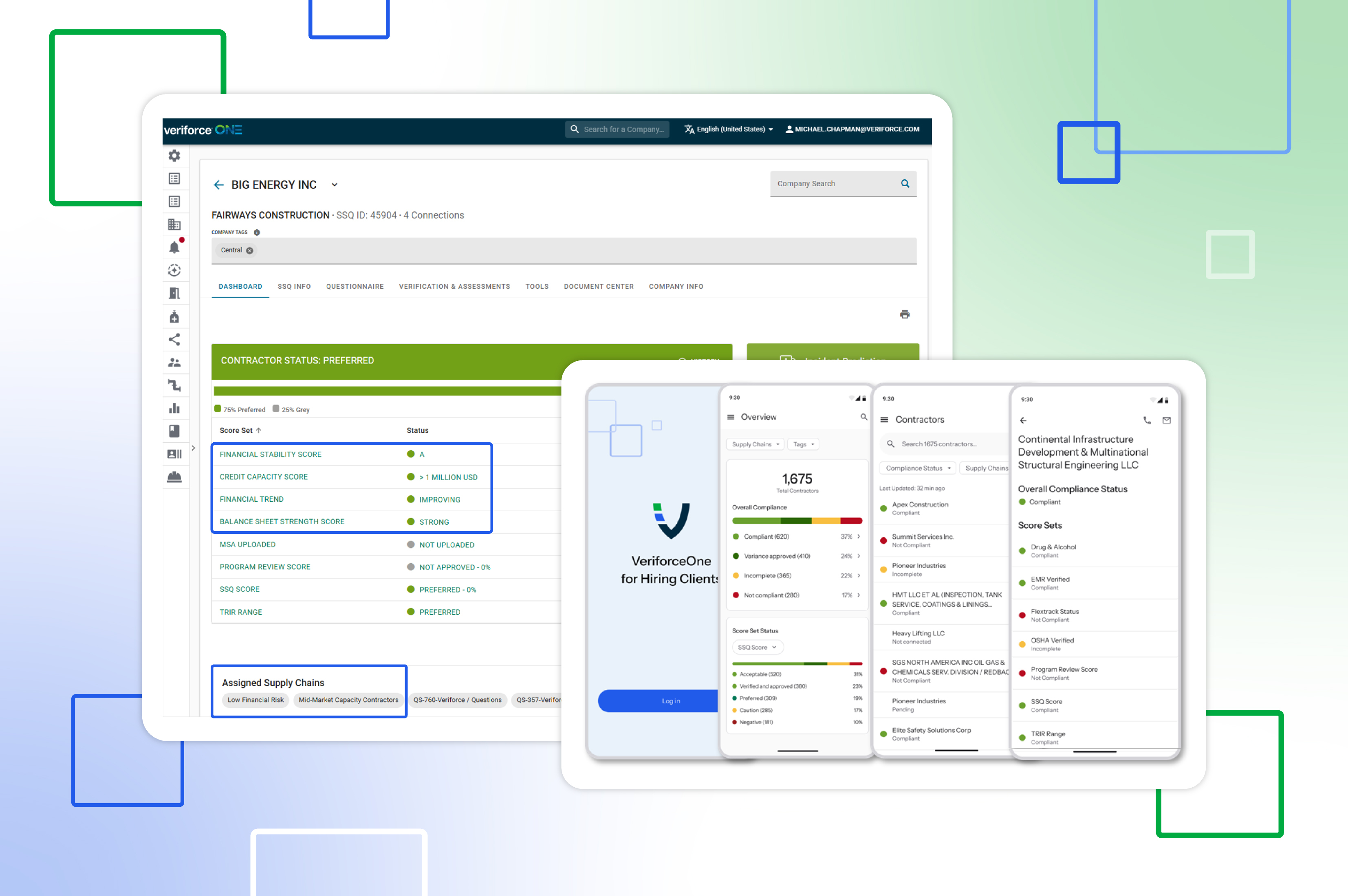 Software dashboard mockup showing project management interface with metrics, charts, and hiring client information displayed across multiple screens