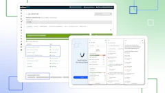 Software dashboard mockup showing project management interface with metrics, charts, and hiring client information displayed across multiple screens