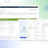 Software dashboard mockup showing project management interface with metrics, charts, and hiring client information displayed across multiple screens