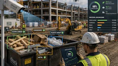 Construction worker sorting waste materials at job site with Chuck container and waste diversion statistics dashboard.
