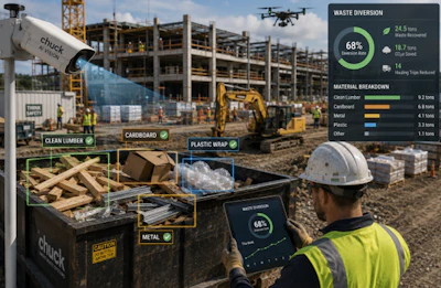 Construction worker sorting waste materials at job site with Chuck container and waste diversion statistics dashboard.