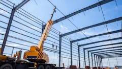 Mobile crane lifting steel beams at industrial construction site with metal framework