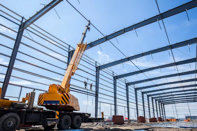 Mobile crane lifting steel beams at industrial construction site with metal framework