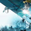 Construction and industrial workers with digital technology overlays and cityscape representing innovation and engineering services