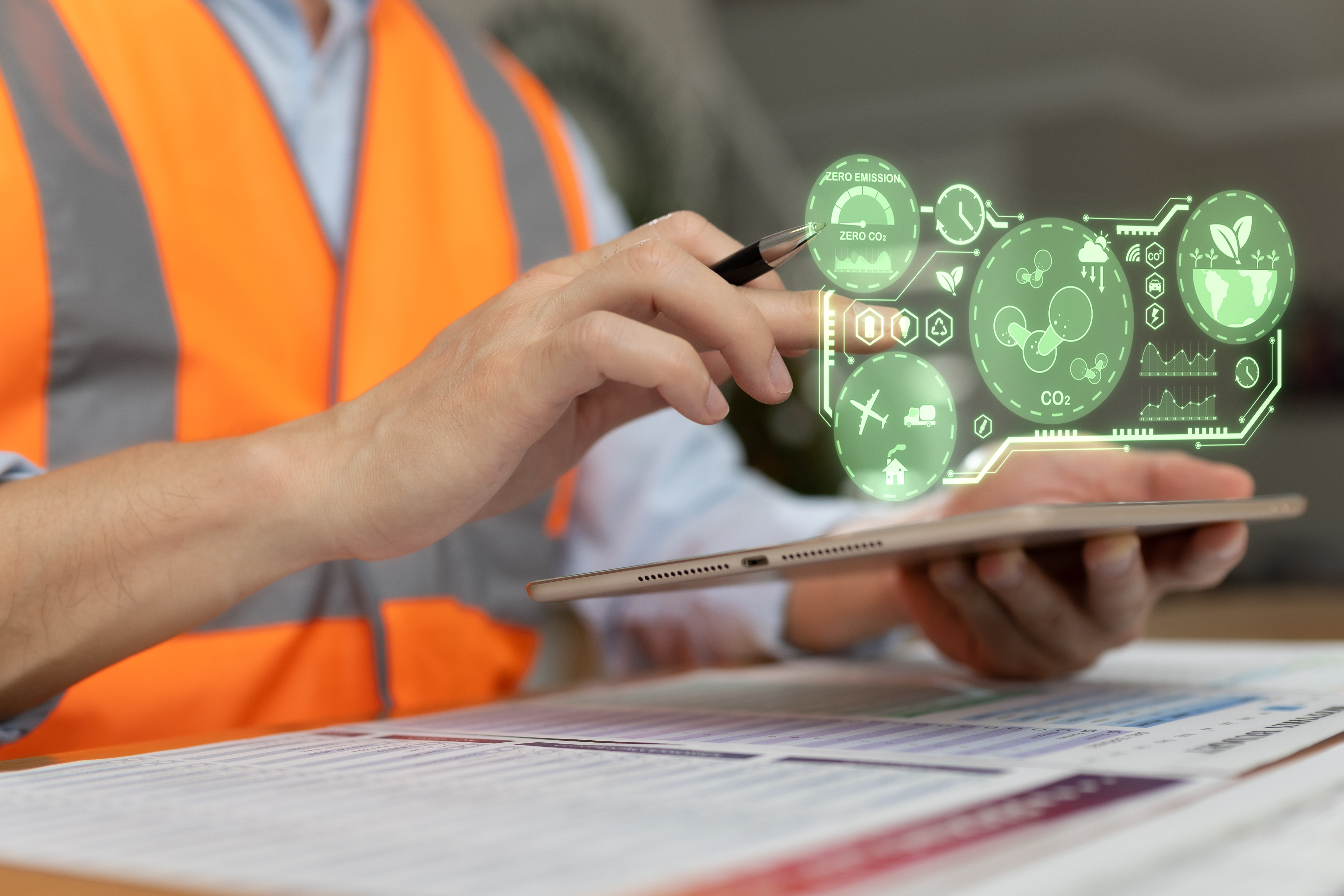 Construction worker in orange safety vest using tablet with green holographic sustainability and environmental monitoring icons