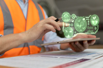 Construction worker in orange safety vest using tablet with green holographic sustainability and environmental monitoring icons