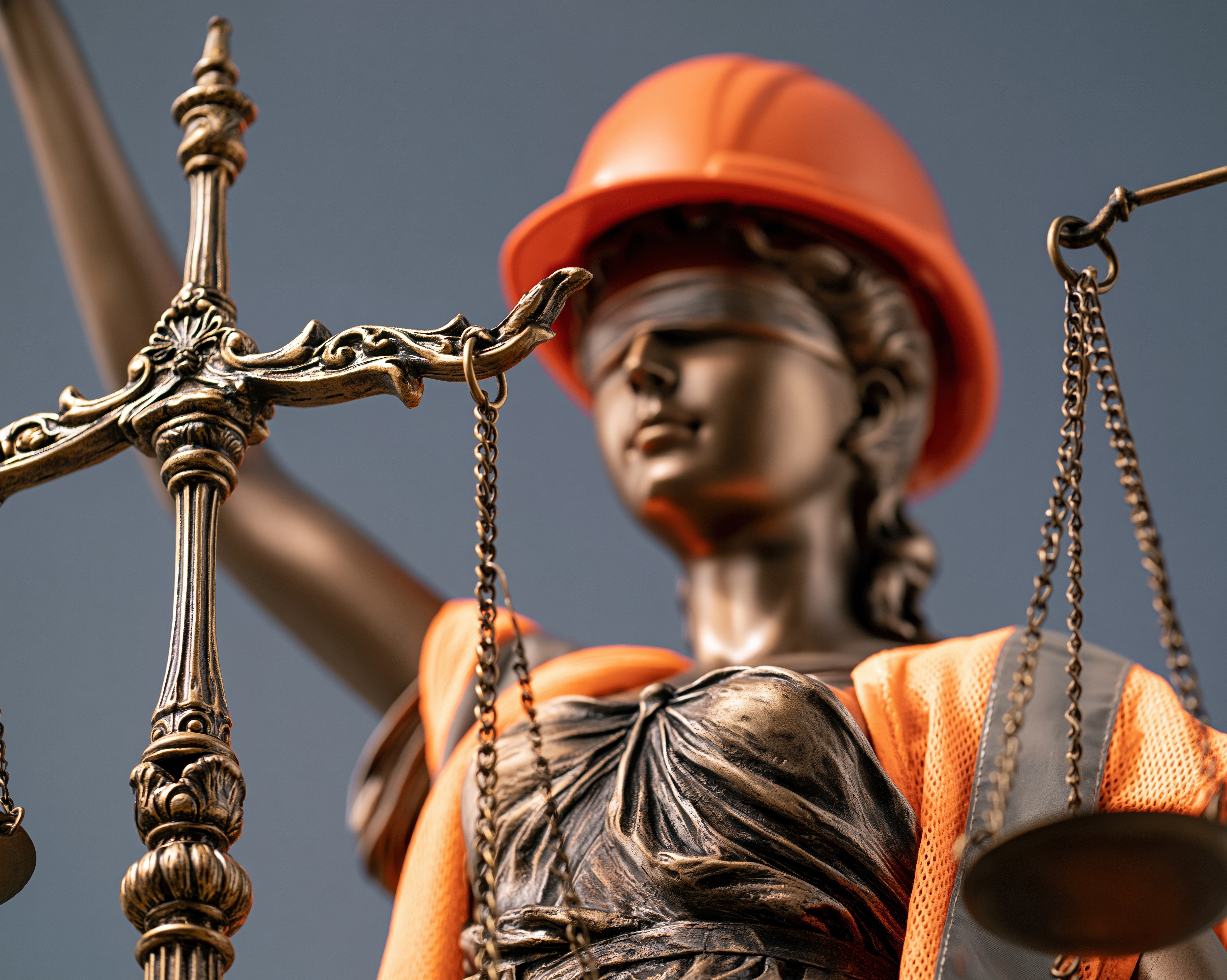 Lady Justice statue wearing orange hard hat and safety vest, holding brass scales against blue sky