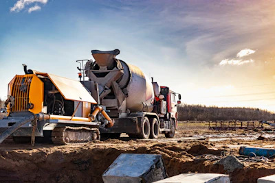 Concrete mixer truck and yellow pump truck operating on construction site with rural landscape