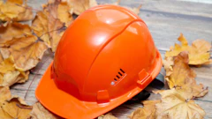 Bright orange safety hard hat surrounded by dried autumn leaves on weathered wood