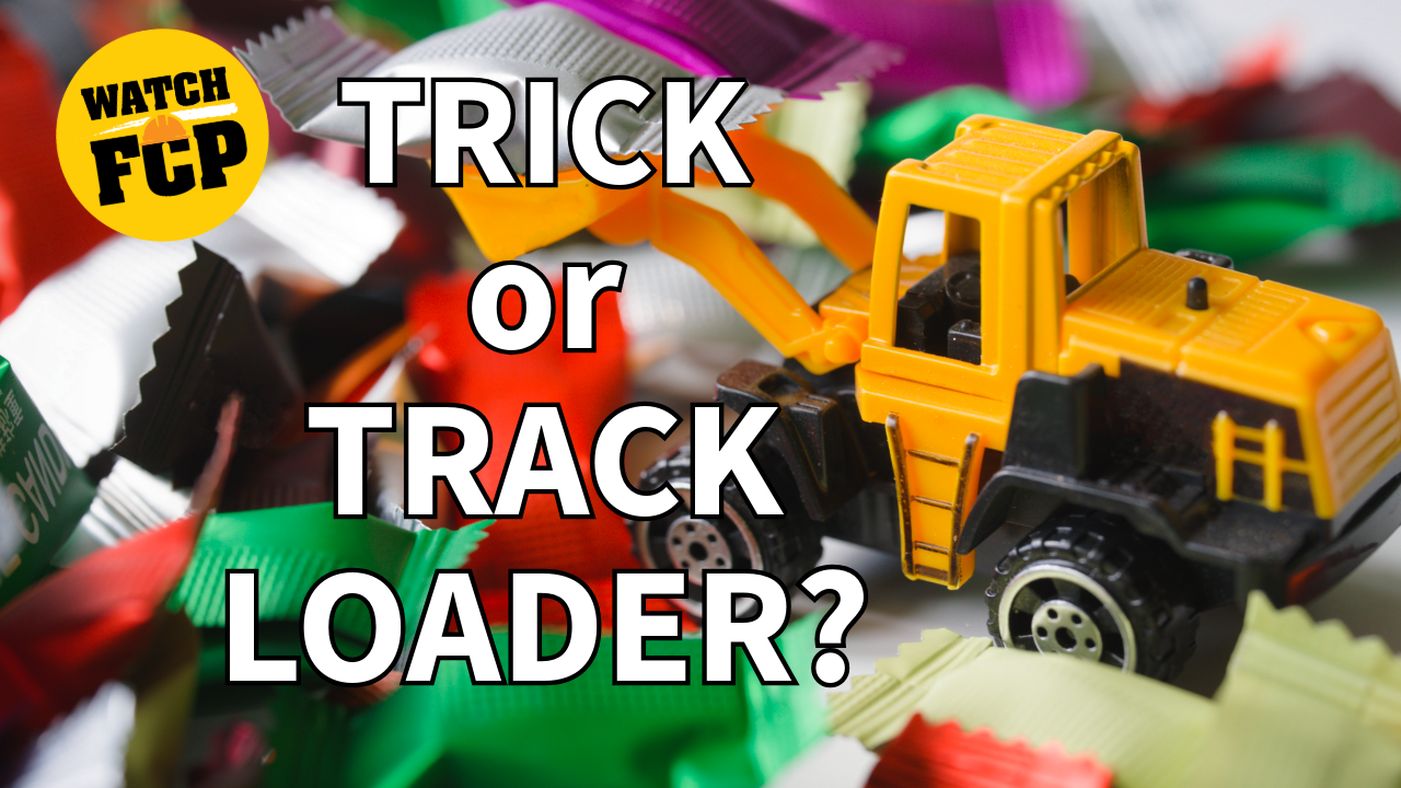 Yellow toy track loader with text overlay reading 'Trick or Track Loader' and 'Watch FCP' badge among colorful toy vehicles