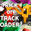 Yellow toy track loader with text overlay reading 'Trick or Track Loader' and 'Watch FCP' badge among colorful toy vehicles