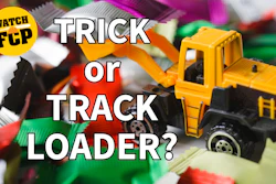 Yellow toy track loader with text overlay reading 'Trick or Track Loader' and 'Watch FCP' badge among colorful toy vehicles