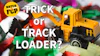 Yellow toy track loader with text overlay reading 'Trick or Track Loader' and 'Watch FCP' badge among colorful toy vehicles
