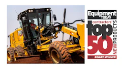 CAT motor grader with Equipment Today Contractors' Top 50 New Products 2026 Award Winner badge
