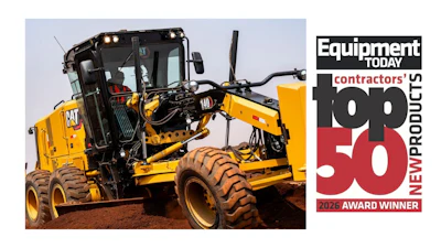 CAT motor grader with Equipment Today Contractors' Top 50 New Products 2026 Award Winner badge