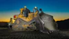 Caterpillar bulldozer with raised blade at sunset on construction site